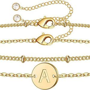 MONOZO Gold Initial  for Women, Dainty 14K Gold Filled Layered Beaded Bracelets